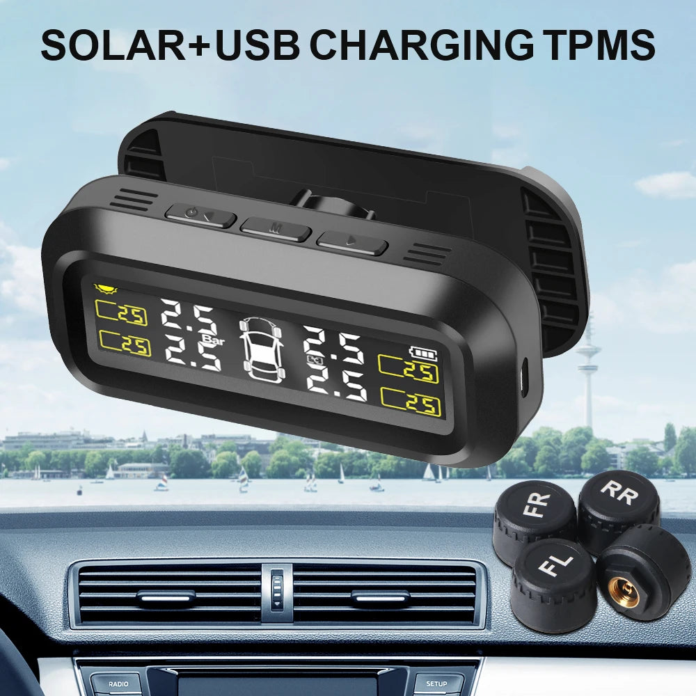 Solar TPMS Temperature Warning Fuel Save 4 External Sensors Tire