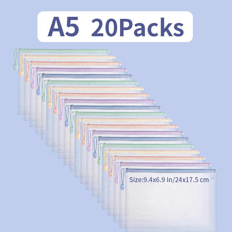 5- Multipurpose Mesh Zipper Pouch A5 Document Bag A4 File Folders Zpaxo A5 20pcs