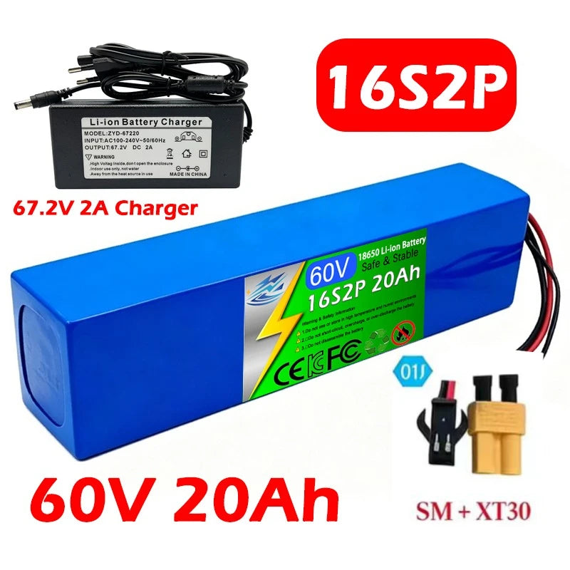 16S2P 60V 20AH 18650 Lithium Battery Pack with Large Capacity Suitable for Electric Scooters, Mountain Bikes, and BMS Batteries Zpaxo SM-XT30