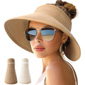 Summer Women Wide Brim Sun Hat, Roll-Up Foldable Beach Ponytail Hat, Seaside Travel Straw Hat, UV Protection Outdoor Visor Cap Zpaxo Khaki