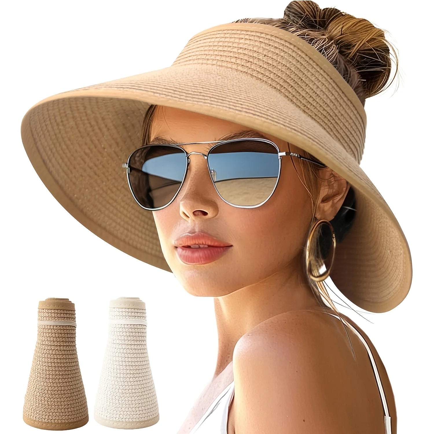 Summer Women Wide Brim Sun Hat, Roll-Up Foldable Beach Ponytail Hat, Seaside Travel Straw Hat, UV Protection Outdoor Visor Cap Zpaxo Khaki