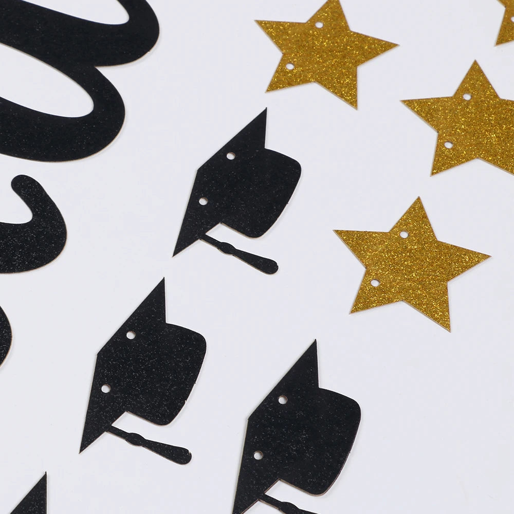 Black Gold Glitter Happy Graduation Banner Set Grad Caps Graduation Decoration for Class Grad Party Decor Zpaxo