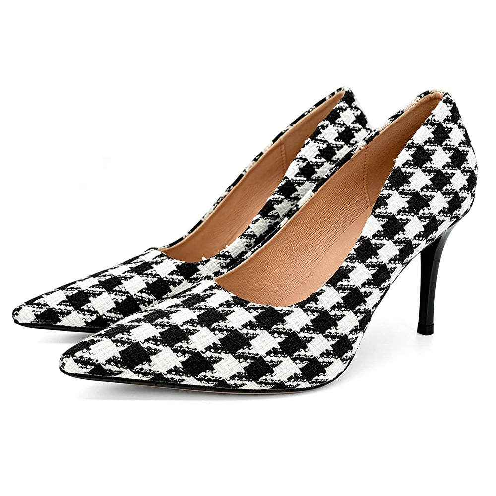 Women's Houndstooth 9cm High Heel Pumps – Vintage Plaid Office Shoes