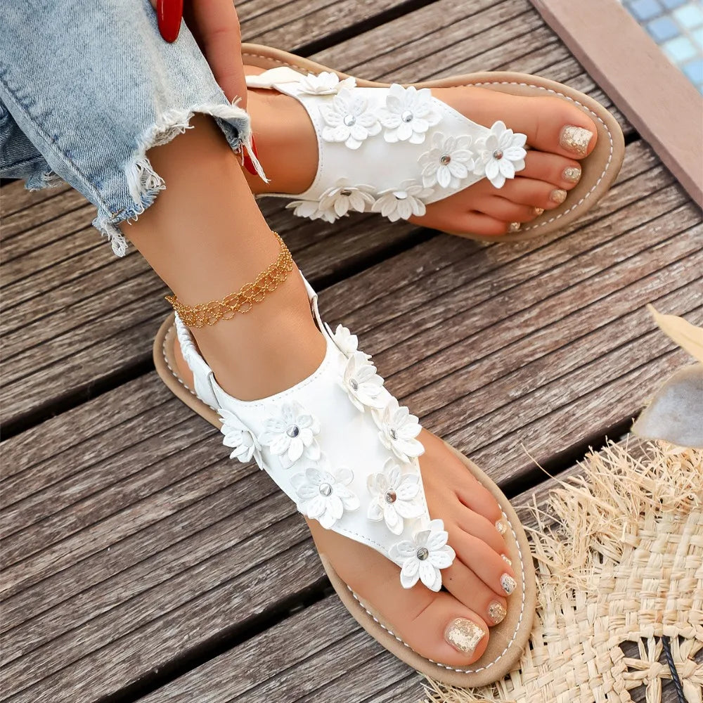 2026 Summer Flowers Sandals Women's Clip-toe Flat Heel Casual Beach