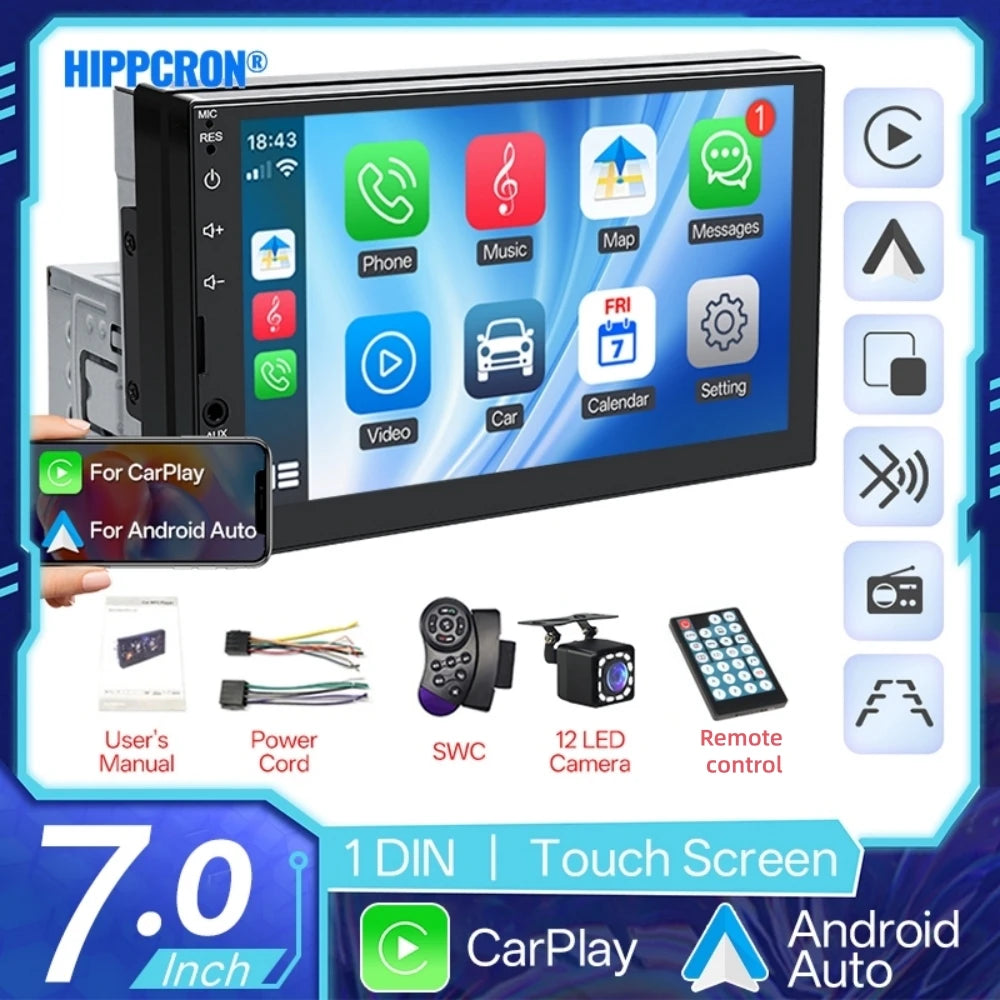 HIPPCRON Car MP5 Radio HD Display Screen Wired Carplay Android Auto