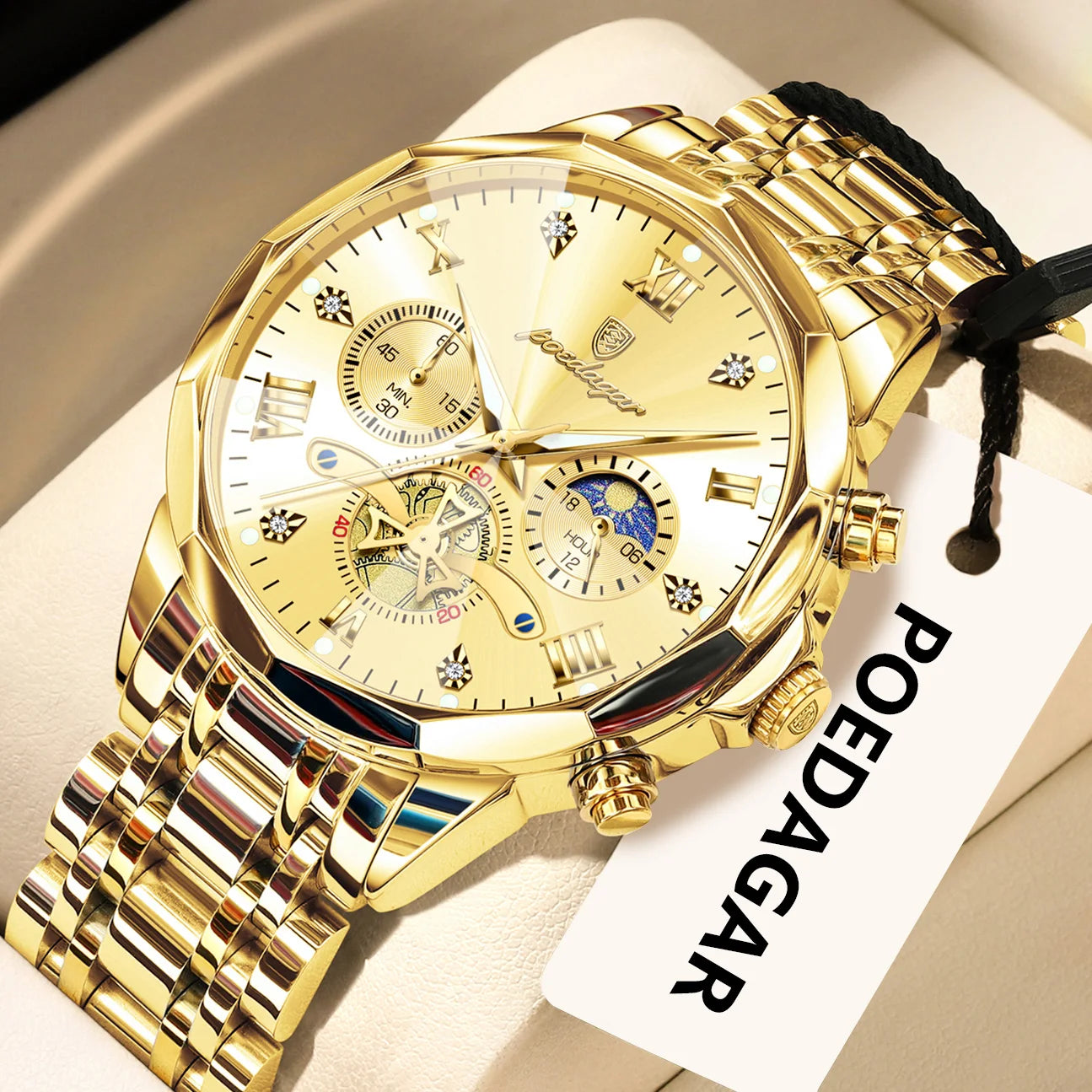 POEDAGAR Luxury Original Men Watch Waterproof Luminous Chronograph Man Wristwatch Stainless Steel Quartz Top Men's Watches Reloj Zpaxo 938 Gold Gold