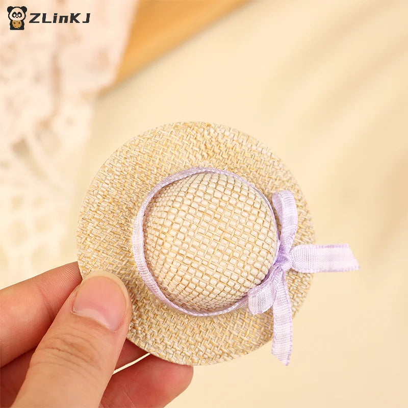 ▶2Pcs Miniature Handmade Style Straw Hat Mini Sun Cap Ribbon With Bow for Doll Decor Accessories Doll House Photo Props Zpaxo