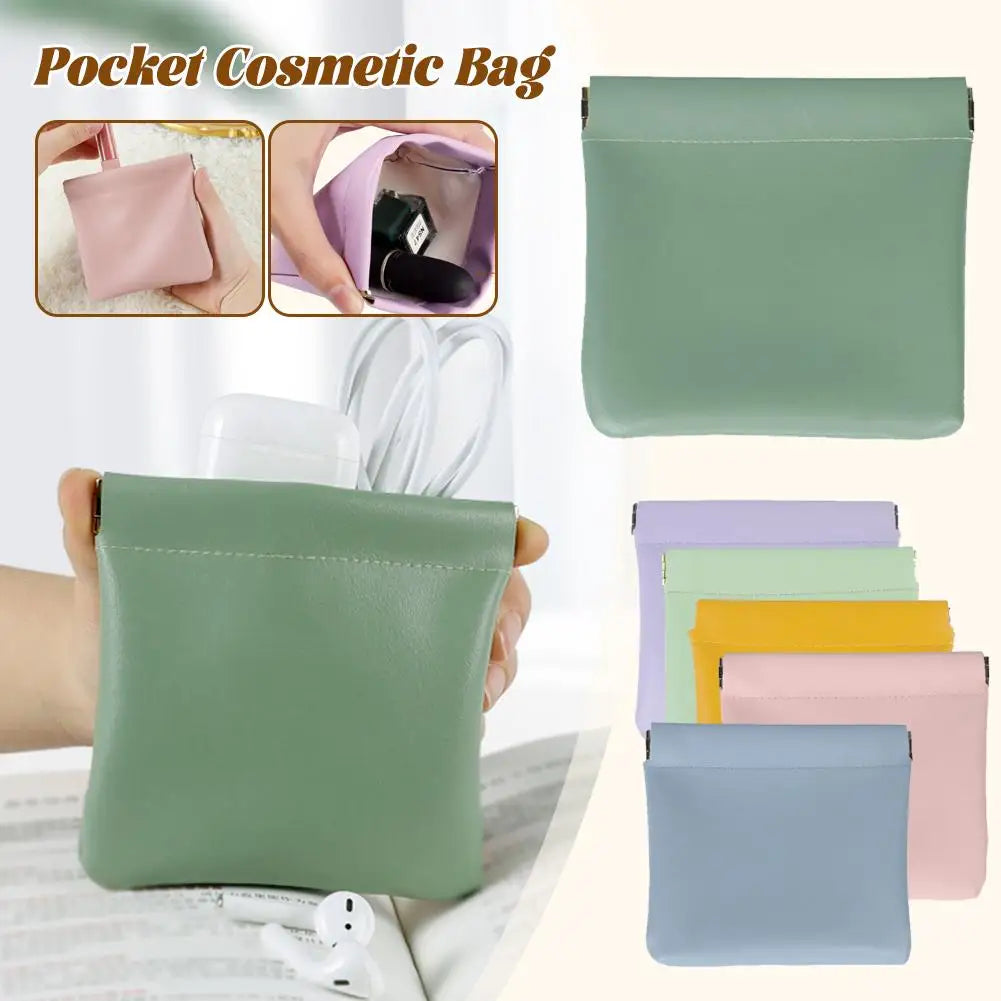 4/5Pcs Mini Elastic Sheet Automatic Closing PU Storage Bag Women Purse Portable Lipstick Cosmetics Earphone Organizer Zpaxo