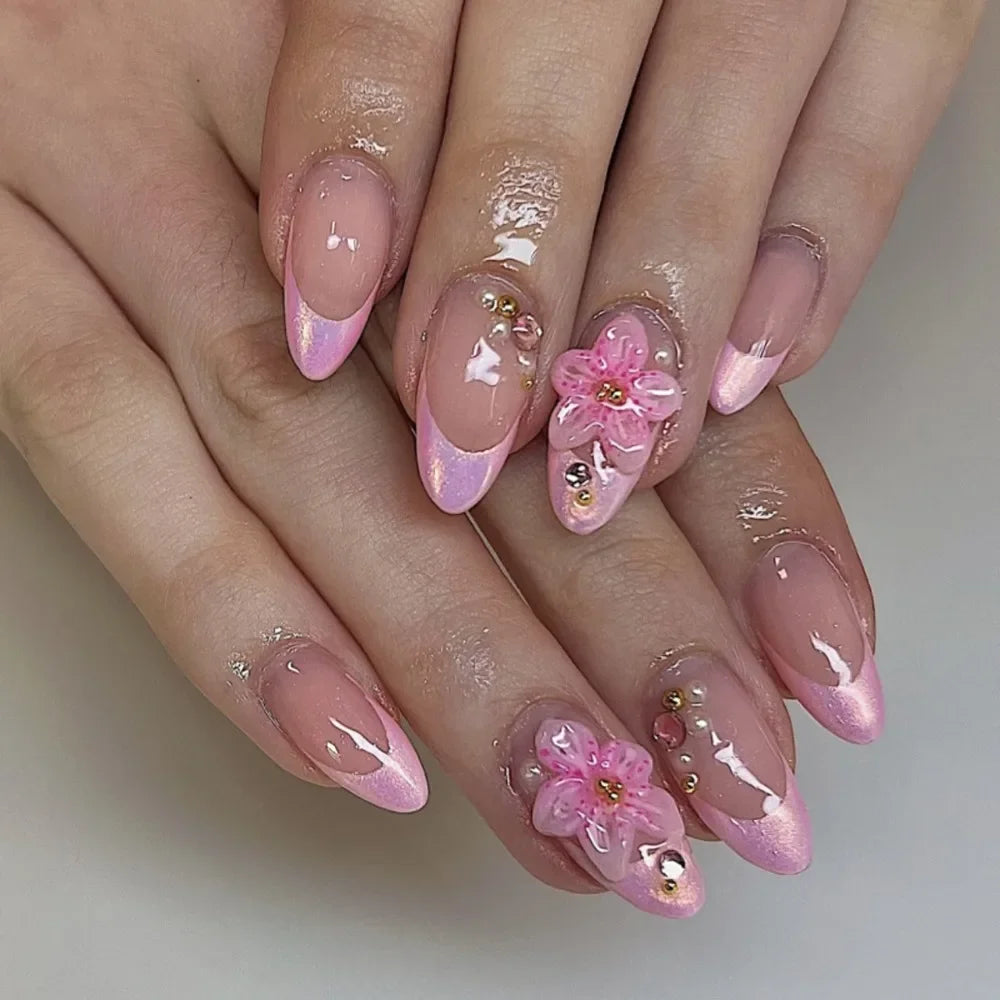 Long Almond False Nails French Leopard Star Press Fake DIY Manicure