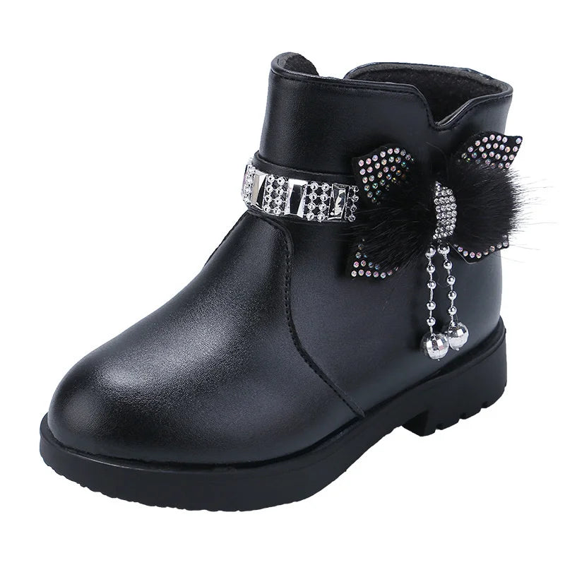 Winter Children's Shoes Girl Mid Length Warm Leather Boots Baby Bow Zpaxo black 24(Insole15cm) China Mainland