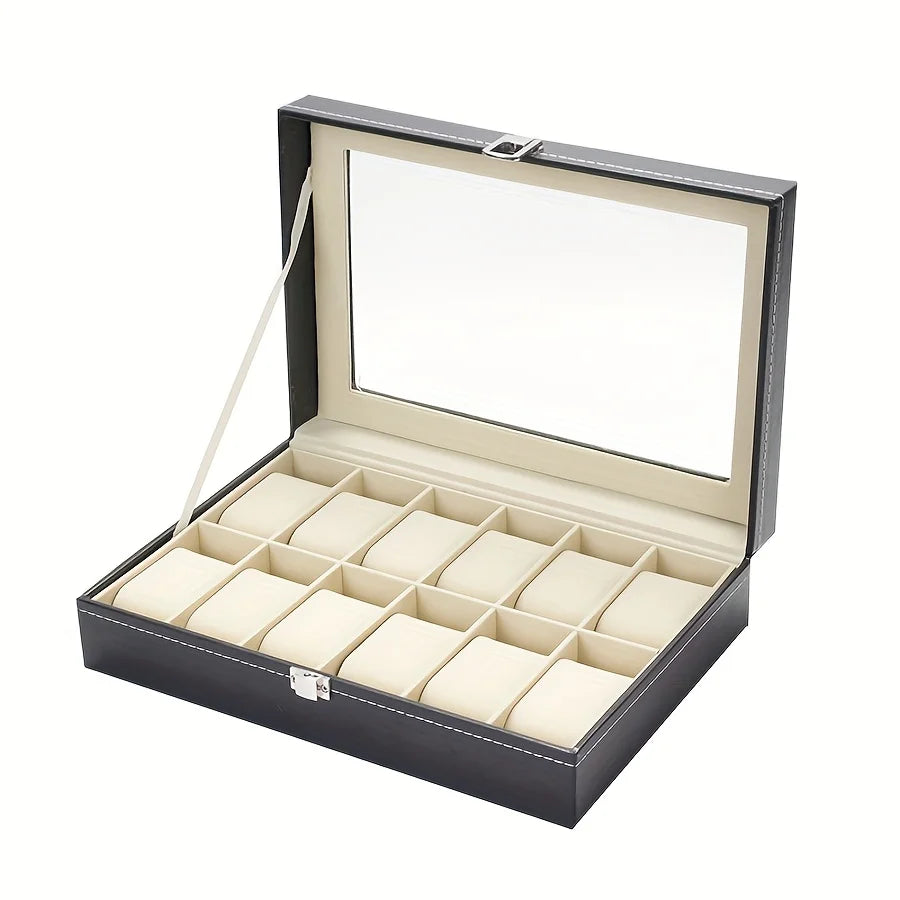 Watch Organizer 12-Slot Display Case Lock Removable Pillows Synthetic