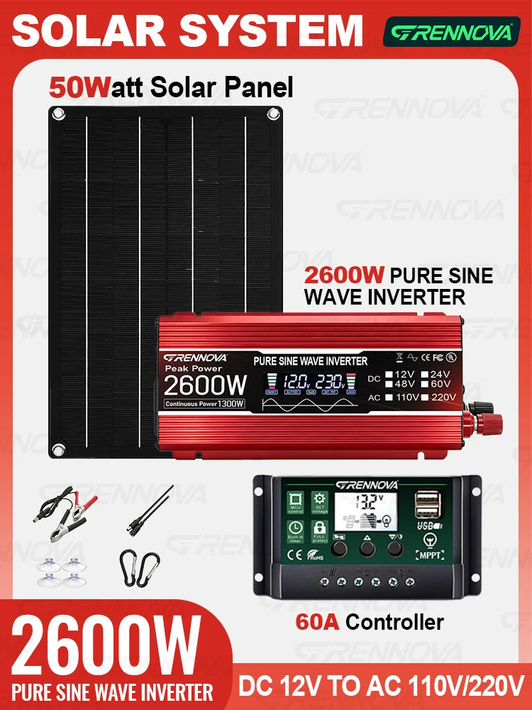 2600W Pure Sine Solar 12V To110V 220V Inverter 60A MPPT Controller