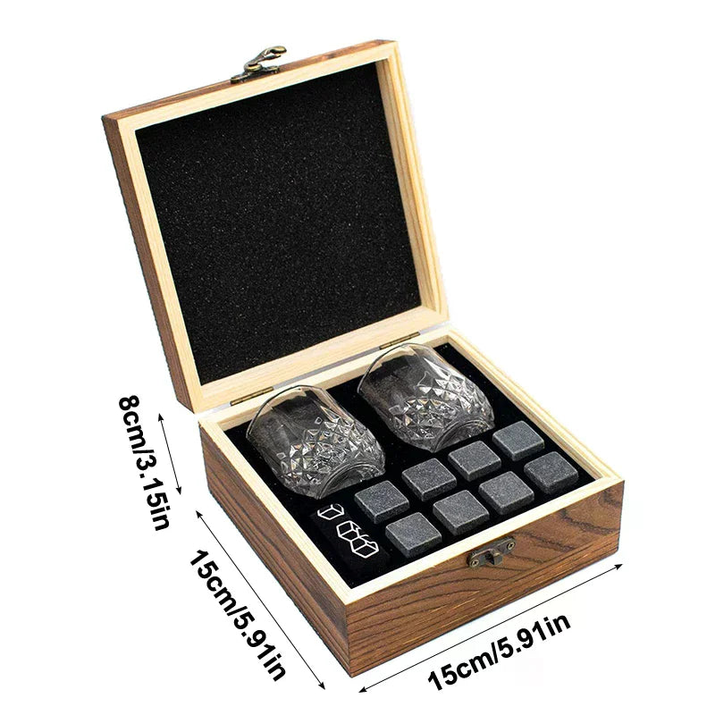 Whiskey Stones And Whiskey Glass Gift Set Of 4, For Men | Father's Day, 8 Granite Whiskey Stones, 2 Whiskey Glasses,1 Wooden Box Zpaxo