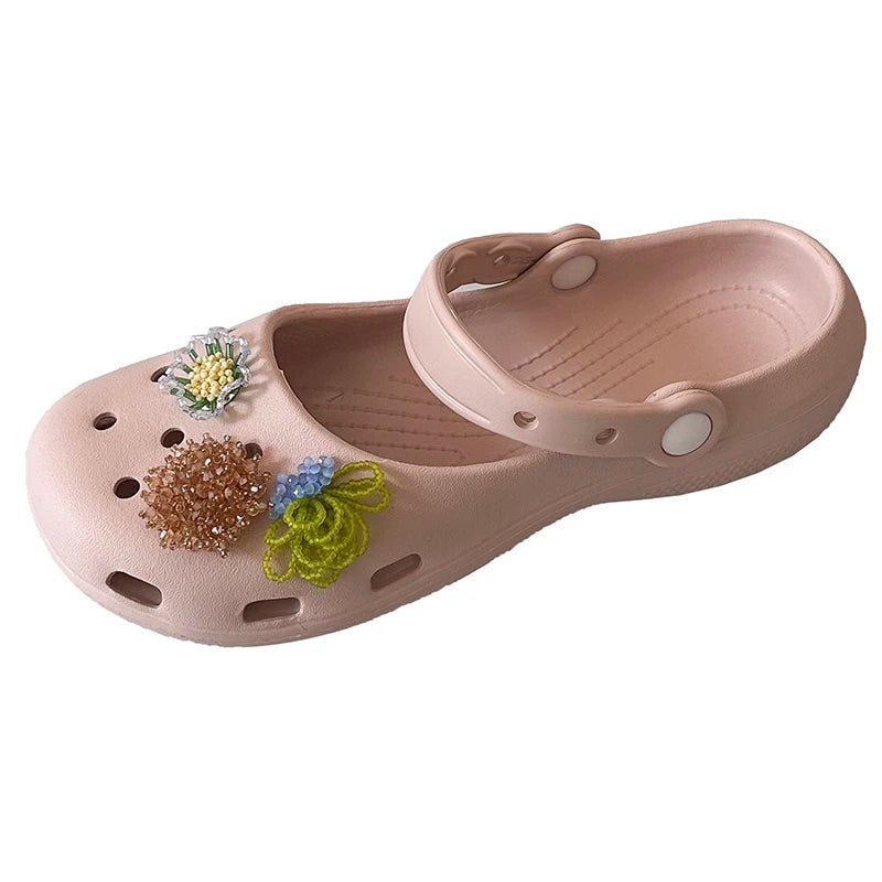 Summer Women's Slippers Luxurious Pearl Metal Flower Sparkling