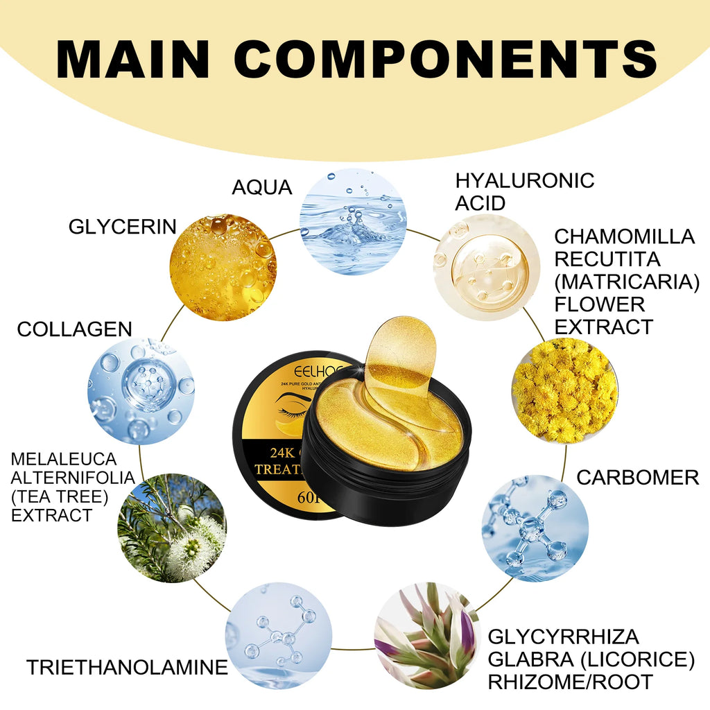 EELHOE 24k Gold Under Eye Patches 60 Pcs Eye Mask Pure Gold Anti-Aging Collagen Hyaluronic Acid Under Eye Mask Zpaxo
