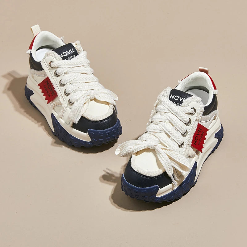 Women's Platform Chunky Sneakers Lace Up Design Sport Tag Detail Two Zpaxo
