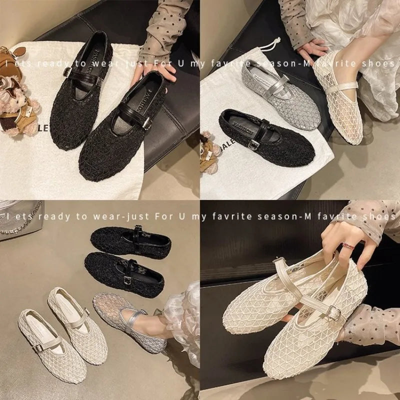Womens Mesh Mary Jane Flat Sandals Summer Breathable Hollow Out Fishnet Ballet Shoes Buckle Strap Lightweight Black Beige Shoes Zpaxo
