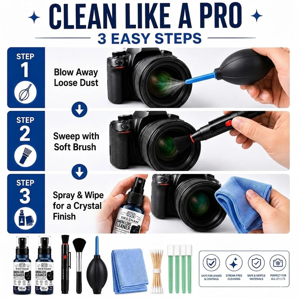 7 in 1 Camera Lens Cleaning Set 120ml Liquid Air Blower Sensor Cleaning Swab Microfiber Cloth Brush Tools for Mirrorless DSLR Zpaxo