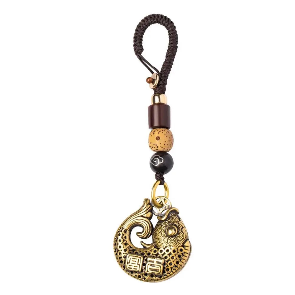 Lanyard Pendants Lucky Rope for Safely Wealth Brass Keychain Tibetan Buddhism Car Key Chain Lucky Fish Keyfob Brass Key Rings Zpaxo gold