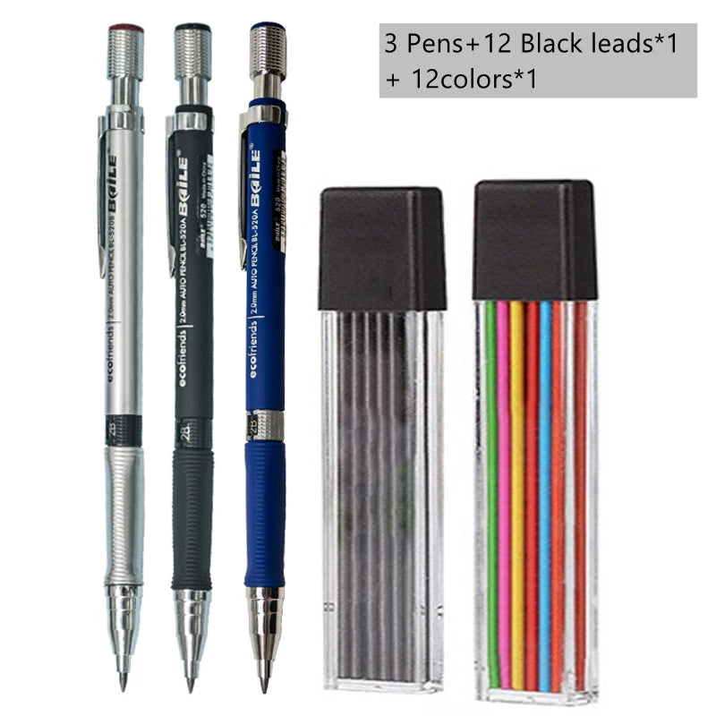 2mm Mechanical Pencil Set with Color/Black Lead Art Drawing Design Automatic Pencil Writing Student Office School Stationery Kit Zpaxo Mix color set A