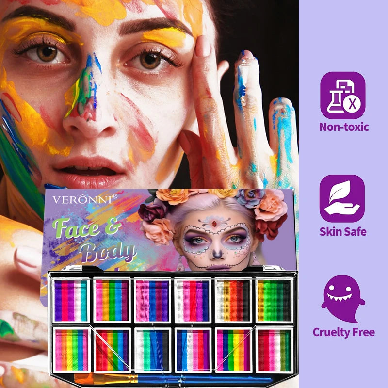 12 Grids Face Body Paint Palette Makeup,Rainbow Split Cake Palette,Water-based Non-Toxic Face Paint For Halloween Festivel Party Zpaxo