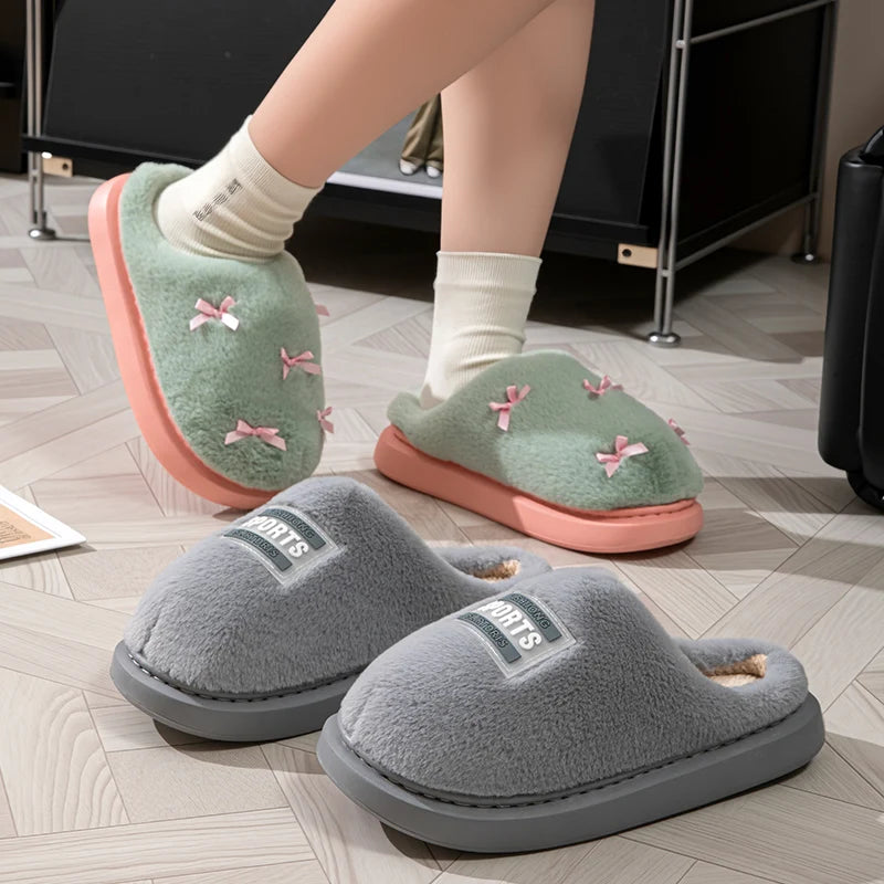 Fashion Women's Bow Slippers Winter Indoor Home Warm Non-slip EVA