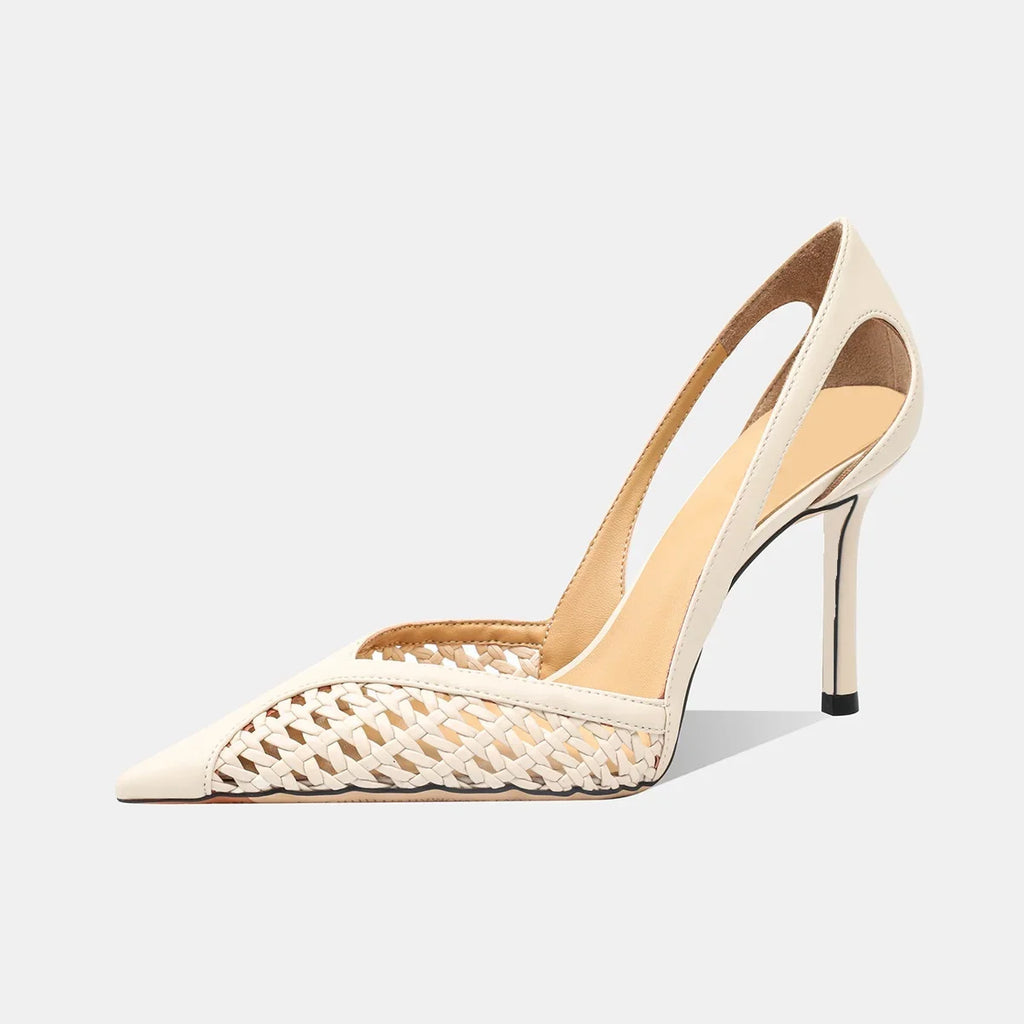 Women Pumps Fashion Hollow Weaving Shoes Pointed Tip Heels Stiletto Zpaxo WHITE 34