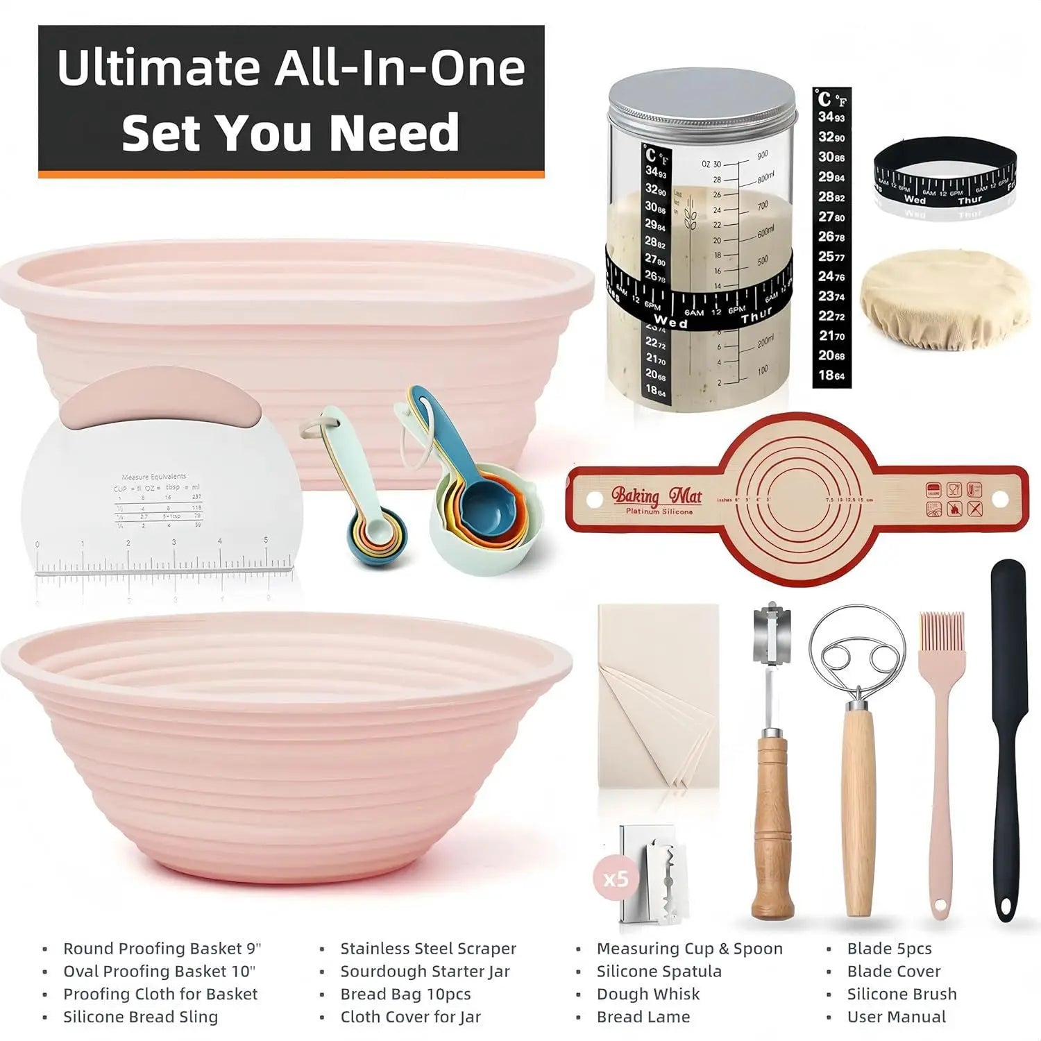 Yeast Starter Kit Proofing Basket Set Round Fermentation Basket Scraper Baking Mixer, cutter, beater, French bread utensils Zpaxo