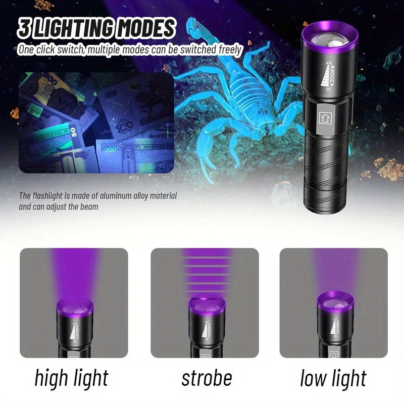 KDULIT UV 395nm Rechargeable Zoomable Flashlight – 3 Modes