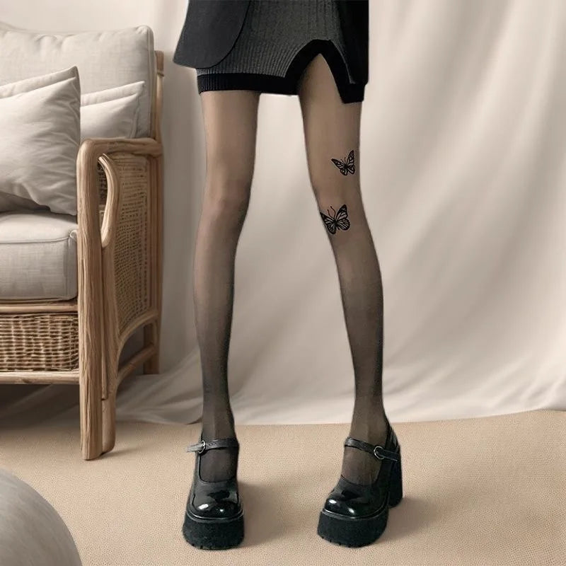 Sexy Women Black Tights Vintage Y2K Butterfly Print Transparent Silk