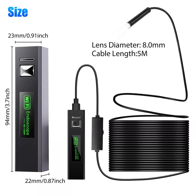 WiFi Borescope Inspection Camera 1200P HD IP68 Waterproof 8 LED