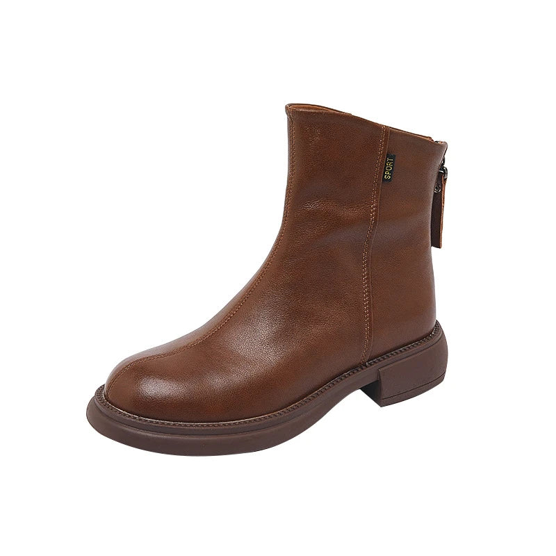 Women Leather Ankle Boots 2026 Round Toe Back Zipper Low Block Heel Zpaxo