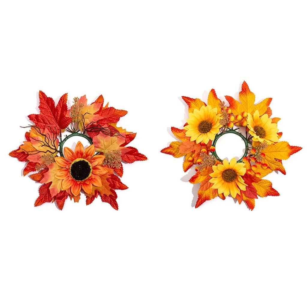 Fall Sunflower Maple Candle Ring Wreath | Artificial Autumn Decor