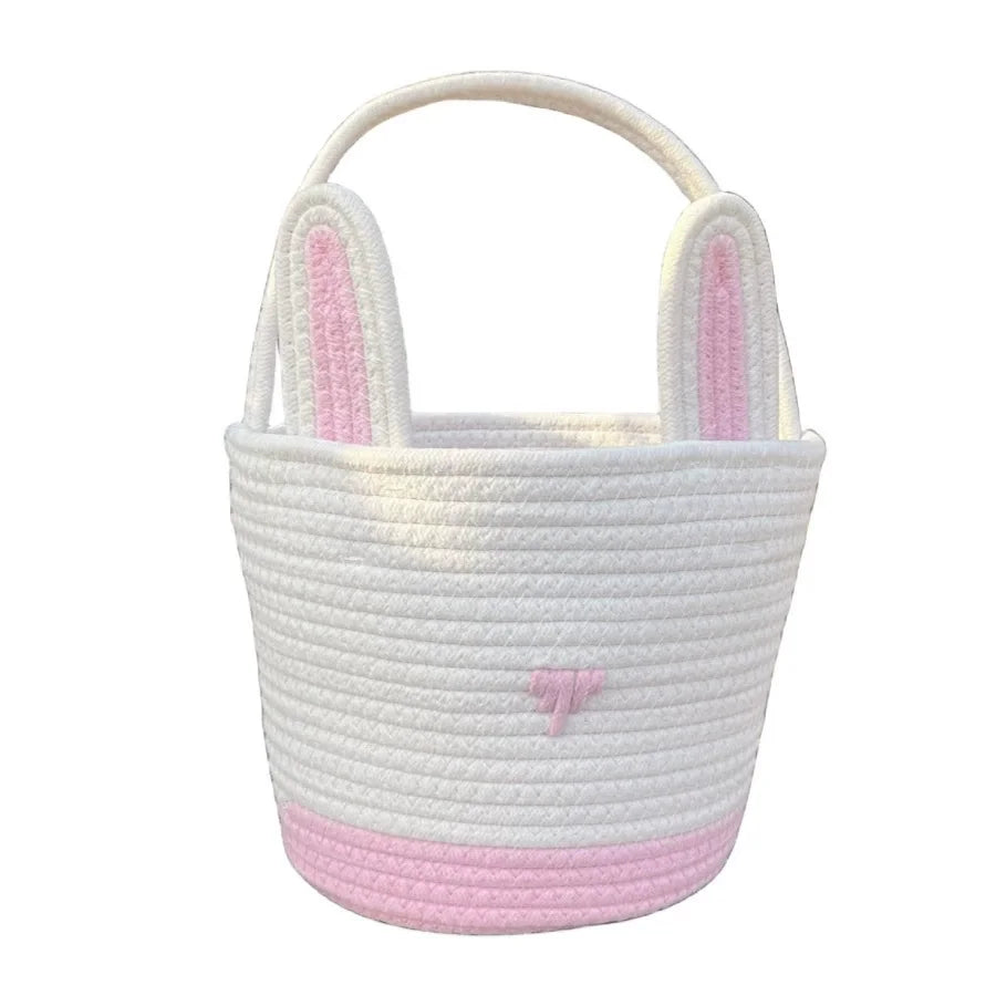 Easter Bunny Basket For Kids Boys Girls Easter Eggs Hunt Basket Reusable Cotton Rope Basket With Rabbit Ears Baby Shower Gifts Zpaxo Pink White