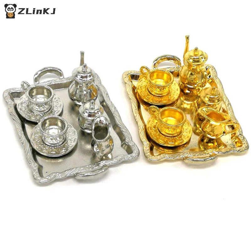 ▶10Pcs 1: 12 Dollhouse Furniture Miniature Dining Ware Metal Tea Cup Plate Set Zpaxo