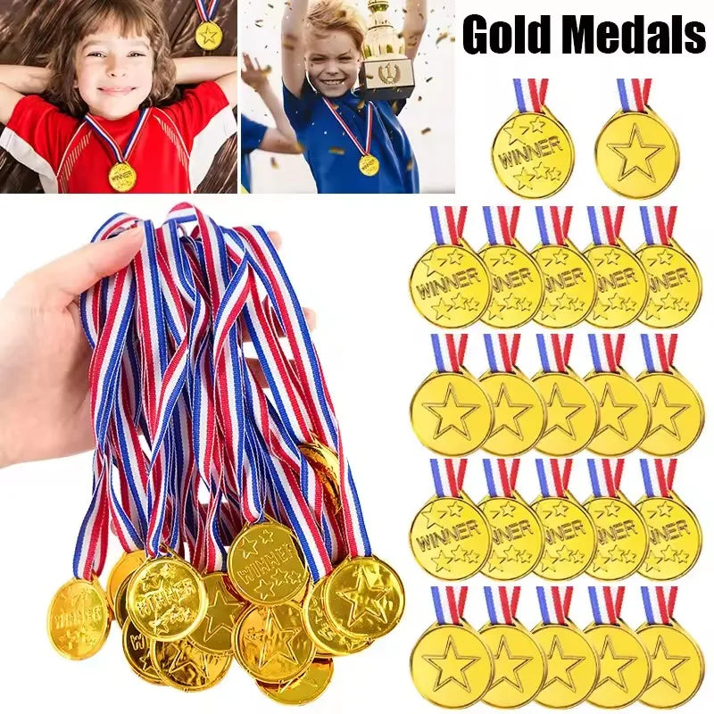 Kids Gold Winner Medals Neck Ribbon Plastic Star Shaped Award Sports