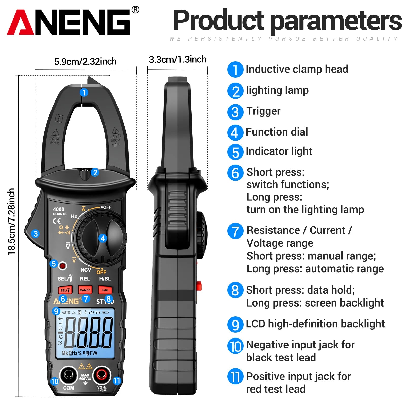 ANENG ST180 Mini Clamp Tester NCV Diode Test Tool Multimeter 4000