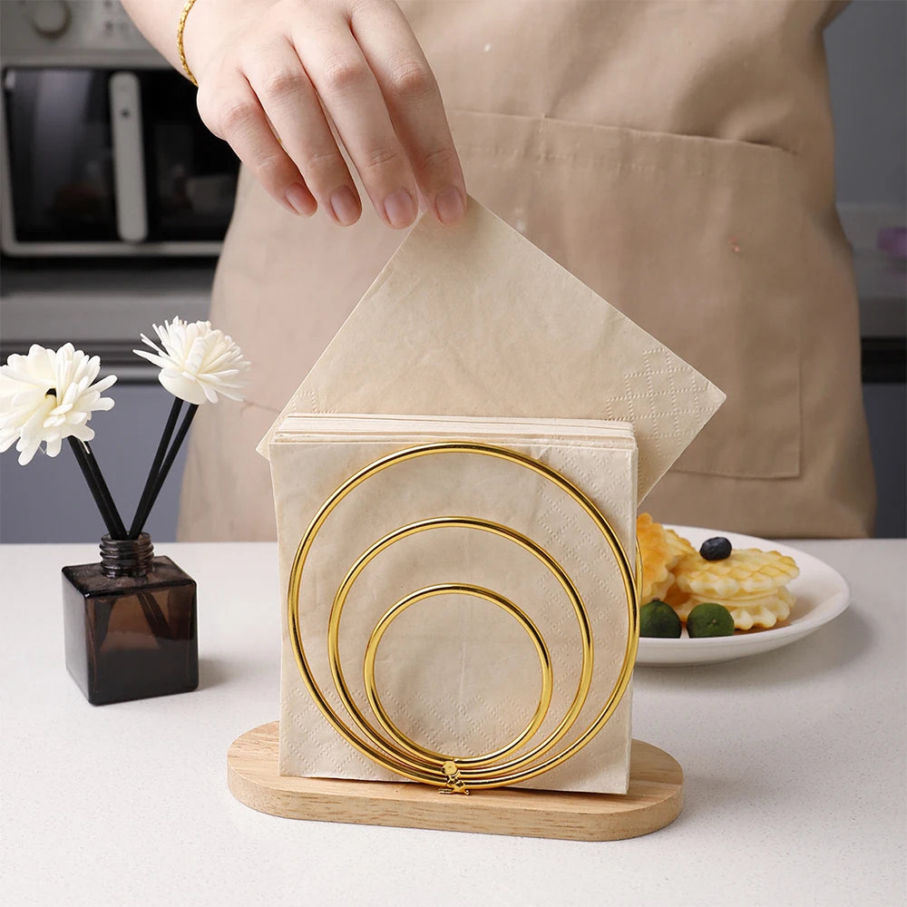 Napkin Holder with Wooden Base Metal Napkin Organizer Stand Tissue Dispenser Elegant Tabletop Decoration for Home Restaurant Zpaxo