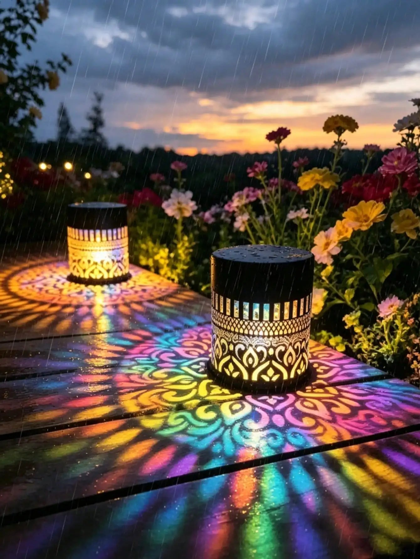 Solar-powered Mandala Pattern Projection Lamp Wrought Iron Mesh Floor