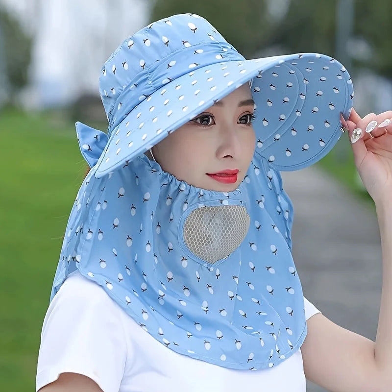 Purple Floral Wide Brim Sun Hat Face Mask Lightweight Breathable UV