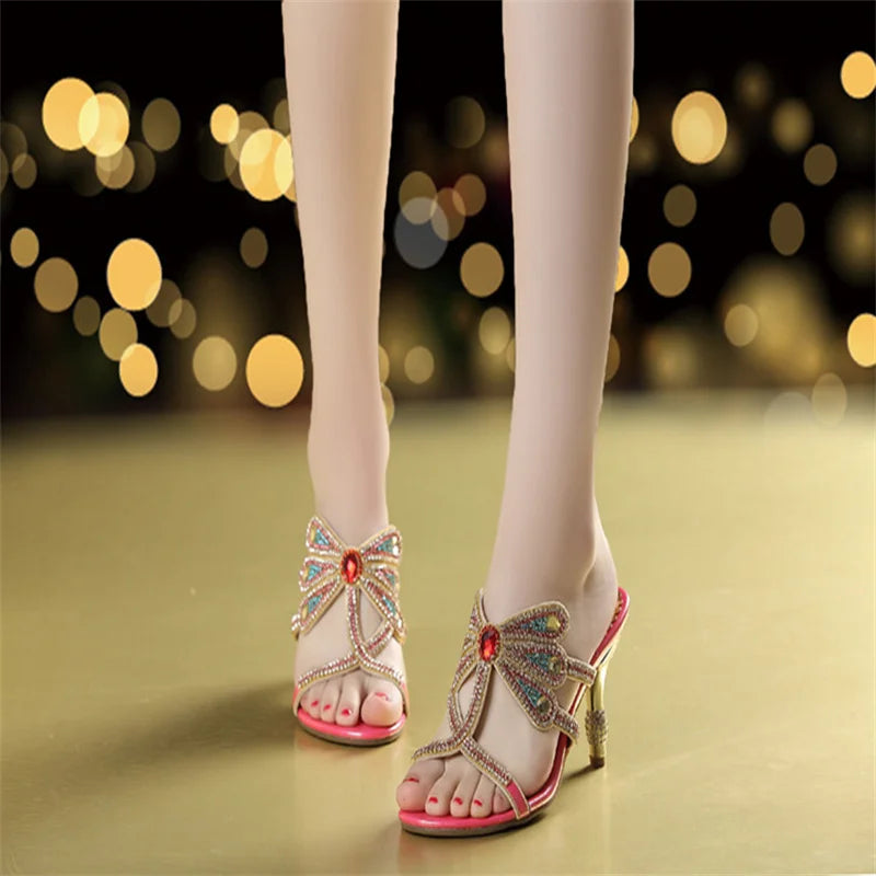 Summer Rhinestone Sandals Leather Glitter Women Open Toe Heels Party Zpaxo