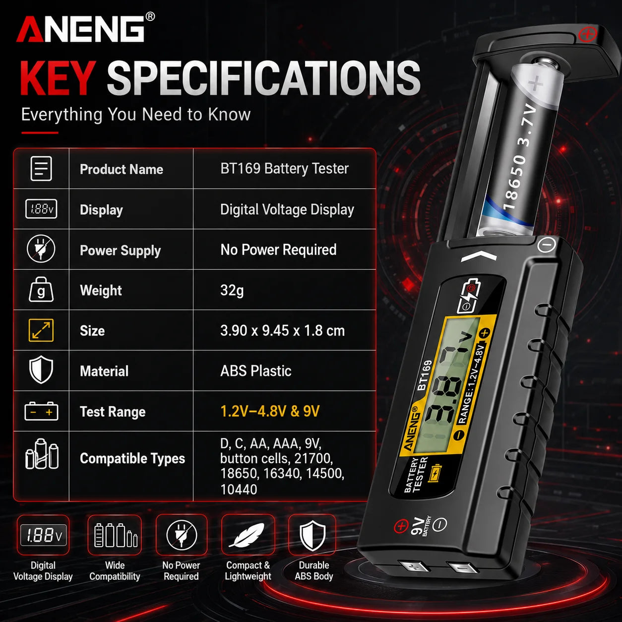 ANENG BT169 Battery AA AAA C D 9V 1 5V Detector Multifunctional