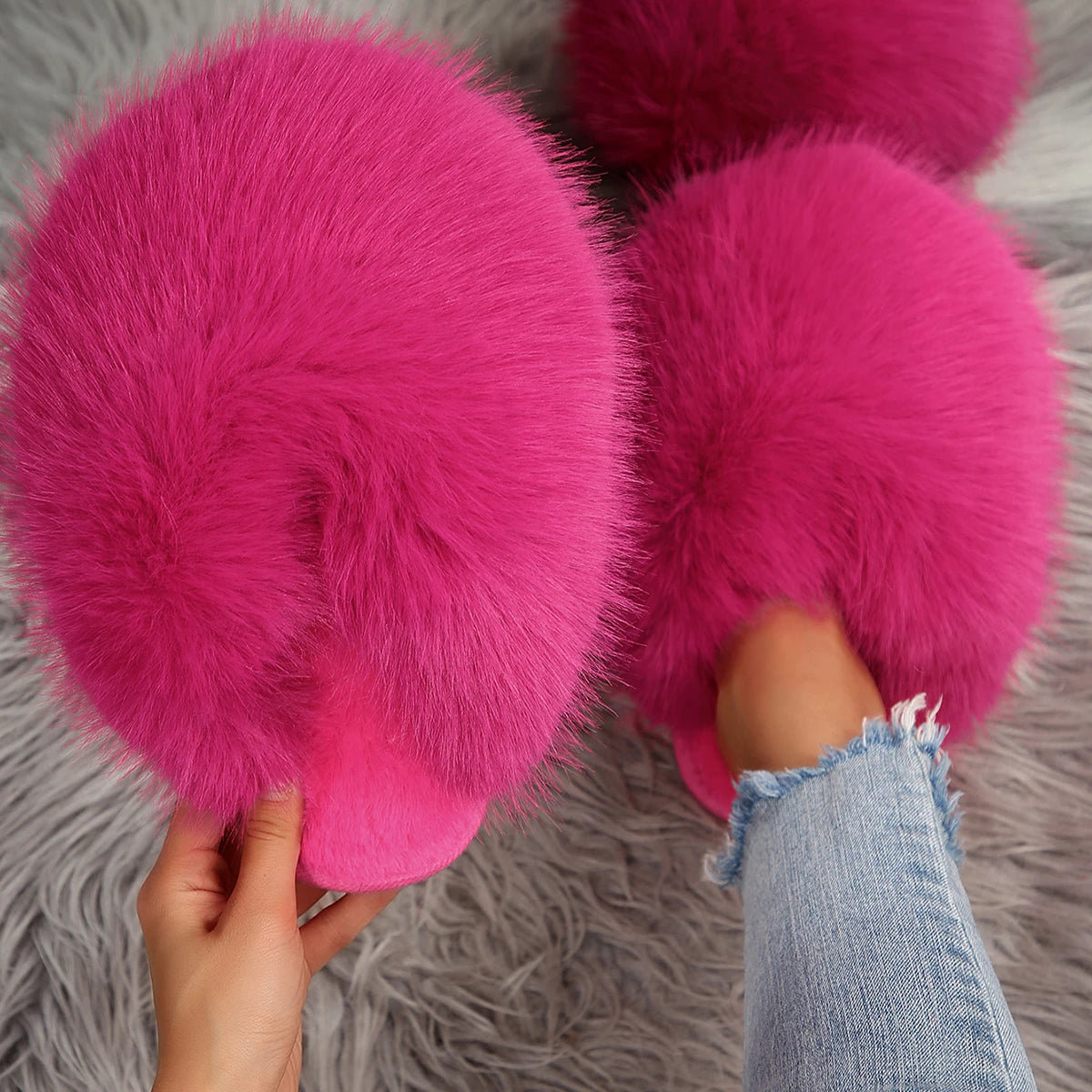 Women Fluffy Slippers Multicolor Large Size Shoes Cover Toe Warm Cotton Slippers Fashionable Autumn Winter Flat Slides Women Zpaxo Rosy Red 42-43