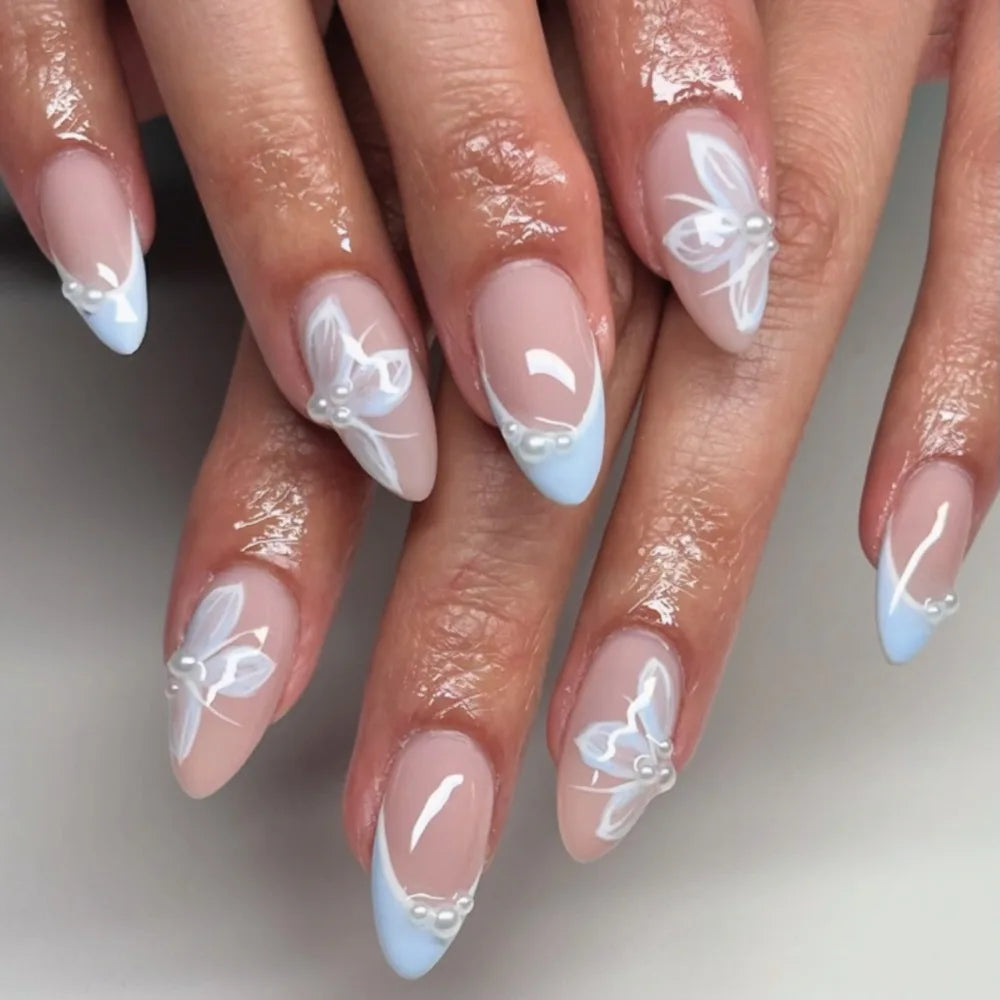 Manicure Long Almond False Nails Flowers Butterfly Aurora Fake French Zpaxo JP3909