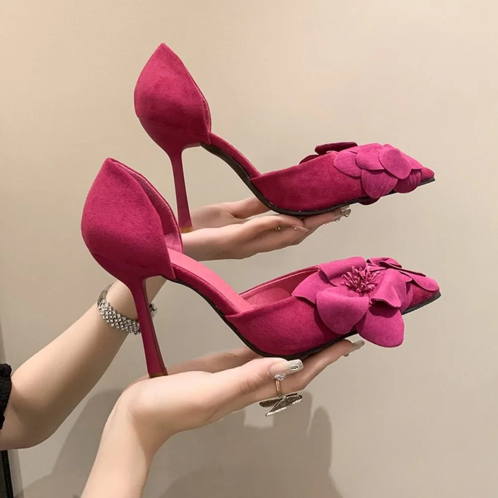 Spring New Women's Single Shoes Pointy Thin Heels with Flowers High Heels Female All-in-one Bag Head Hollow Fashion Shoes Zpaxo Rosy Red 37