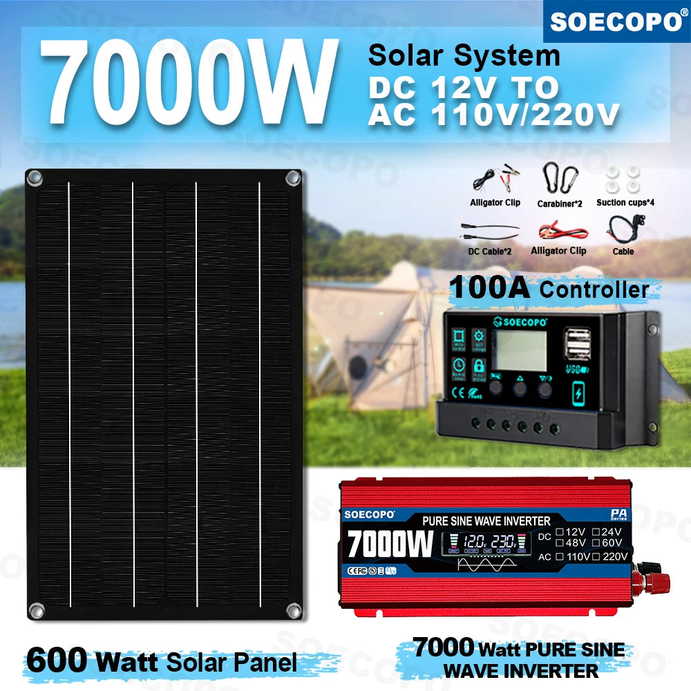 SOECOPO 7000W Portable Solar System Kit 600W Panel,Pure Sine Wave Inverter 12V To 110V/220V, 100A Controller for Camping Home Zpaxo