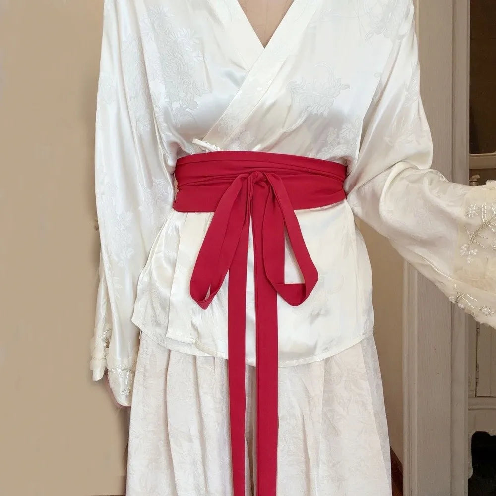 Chiffon Fabric Hanfu Waist Belt Cotton Linen Satin Silk Lace Up Waist Belt Solid Color Bowknot Decoration Silk Waist Rope Zpaxo