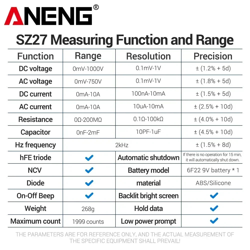 Multimeter ANENG SZ27 Digital AC DC Voltage Current Meter Hz Diode