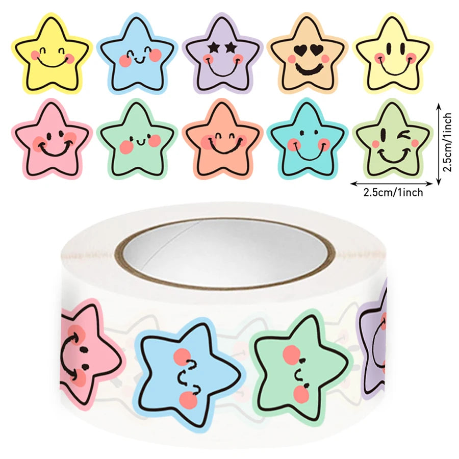 500 Pcs Colorful Star Expression Stickers Roll - Pastel Aesthetic Star-Shaped Labels with Cheerful Design, Self-Adhesive Zpaxo