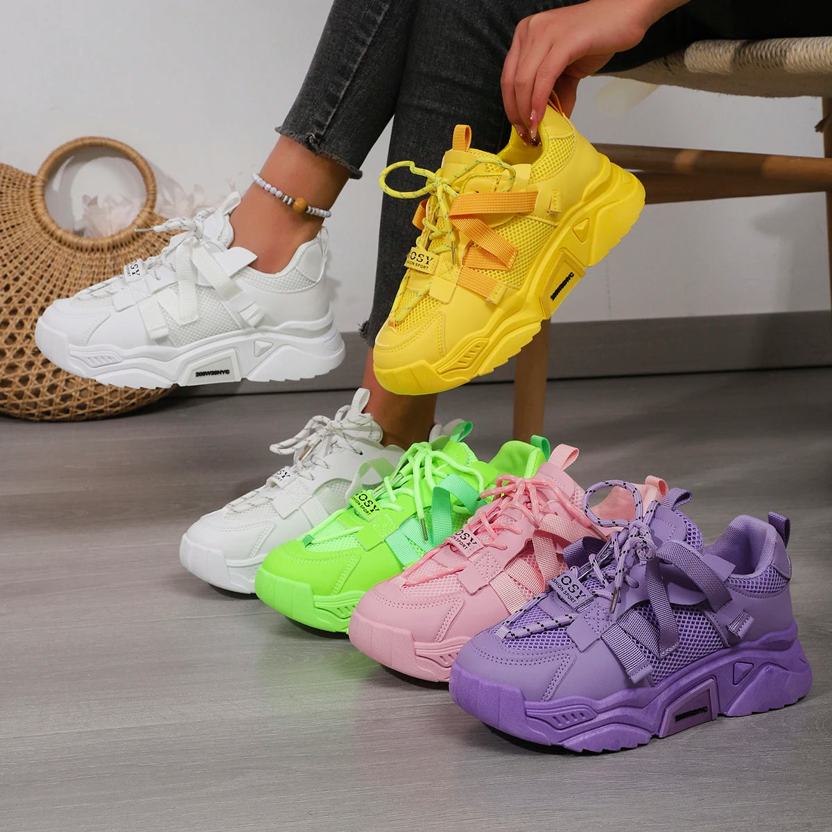 Women Casual Sneakers Thick Sole Breathable Tennis Shoes Women Lace-up New Fashion Outdoors Walking Shoes Trend Couple Sneakers Zpaxo